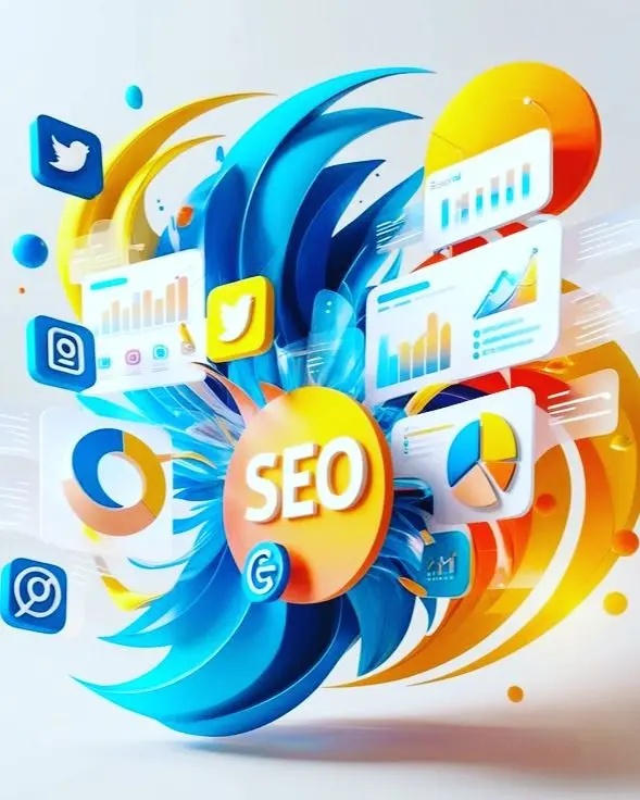 Creative 3D illustration of SEO analytics dashboard with social media icons, charts, and growth graphs representing a digital marketing expert in Malappuram.